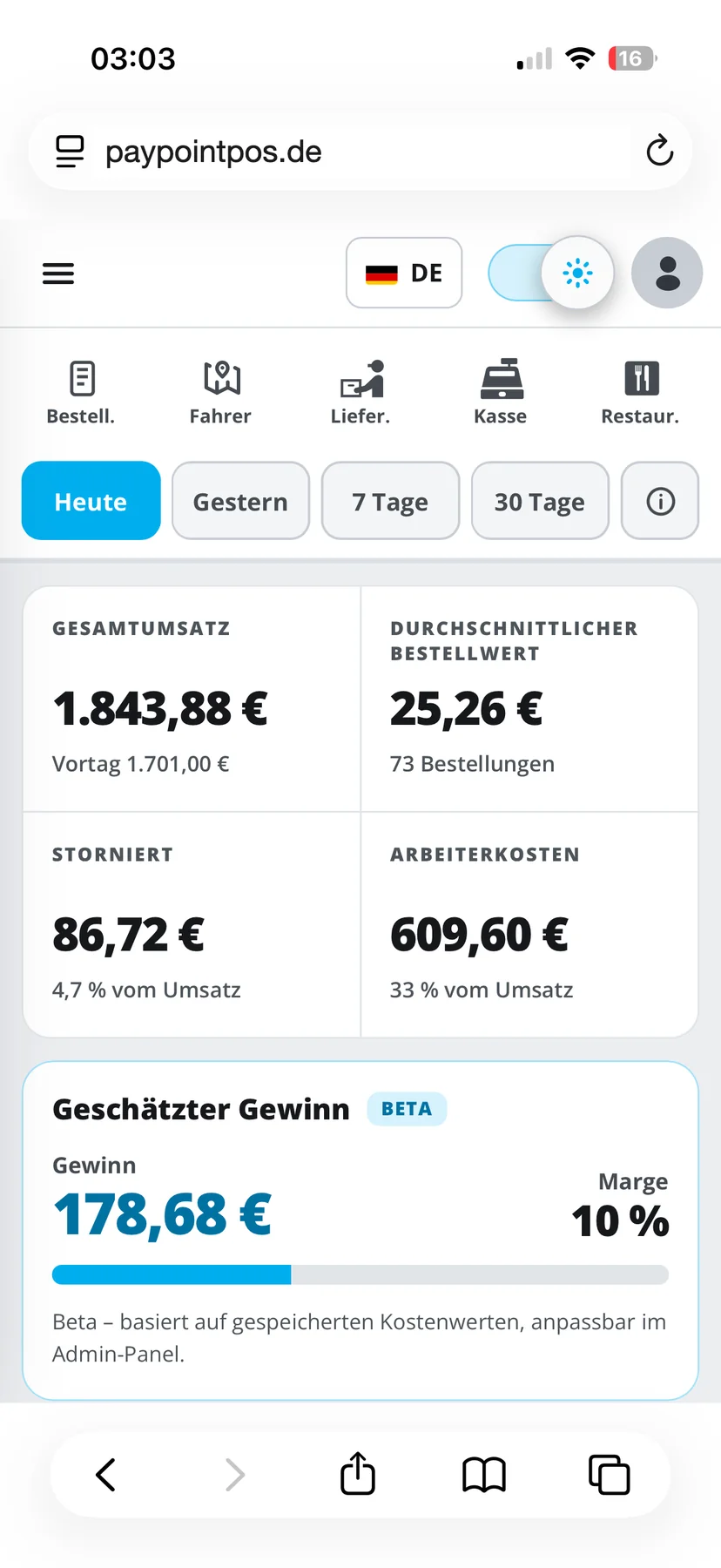 PayPoint Dashboard auf dem Handy