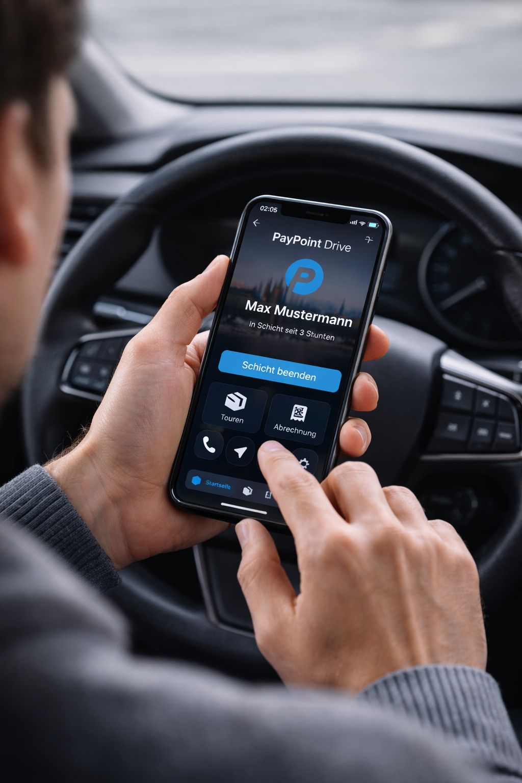 Driver starting his shift in the PayPoint Drive app on his smartphone