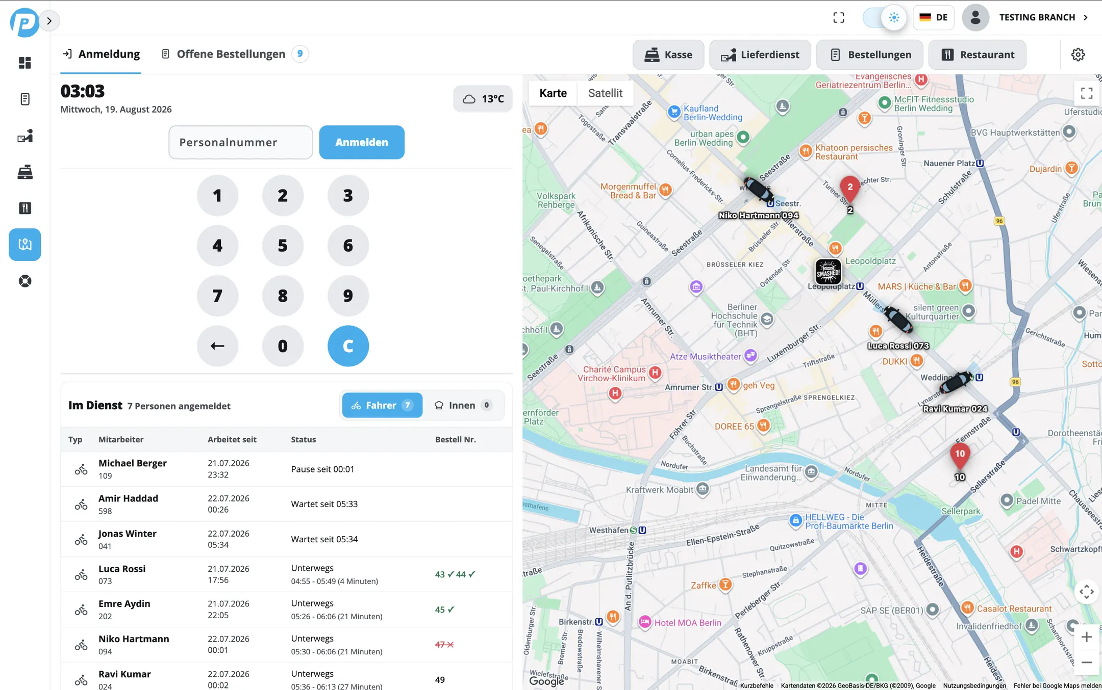 Driver Terminal clock-in – number pad, drivers on shift and live map