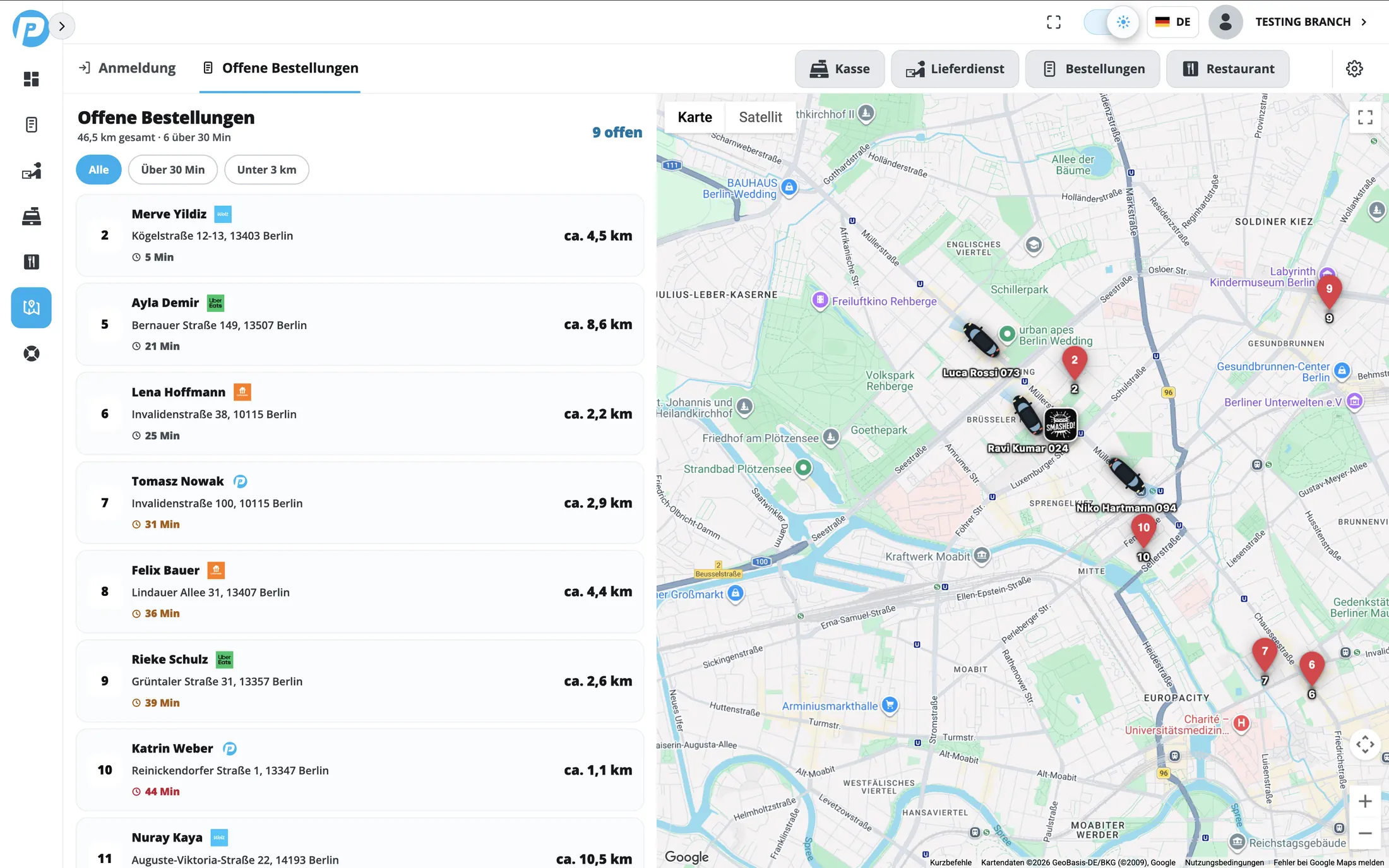 Open orders from Lieferando, Uber Eats and Wolt in one list, drivers live on the map