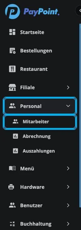 Men&uuml; im PayPoint-Admin mit Personal und Mitarbeiter