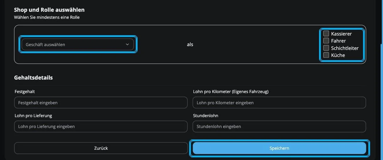 Shop und Rolle ausw&auml;hlen sowie Gehaltsdetails im PayPoint-Admin
