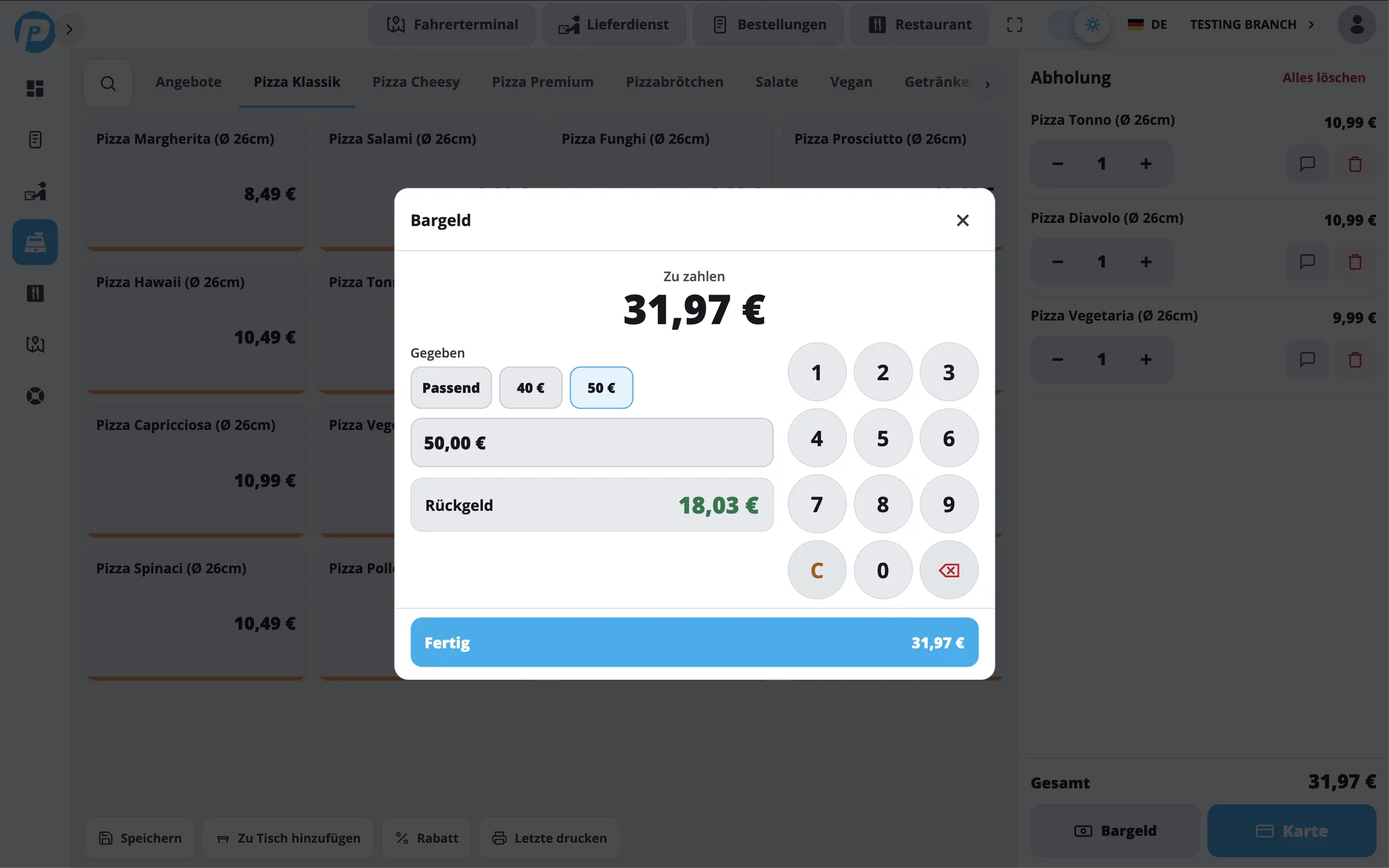 PayPoint cash dialog – quick keys, amount tendered and change