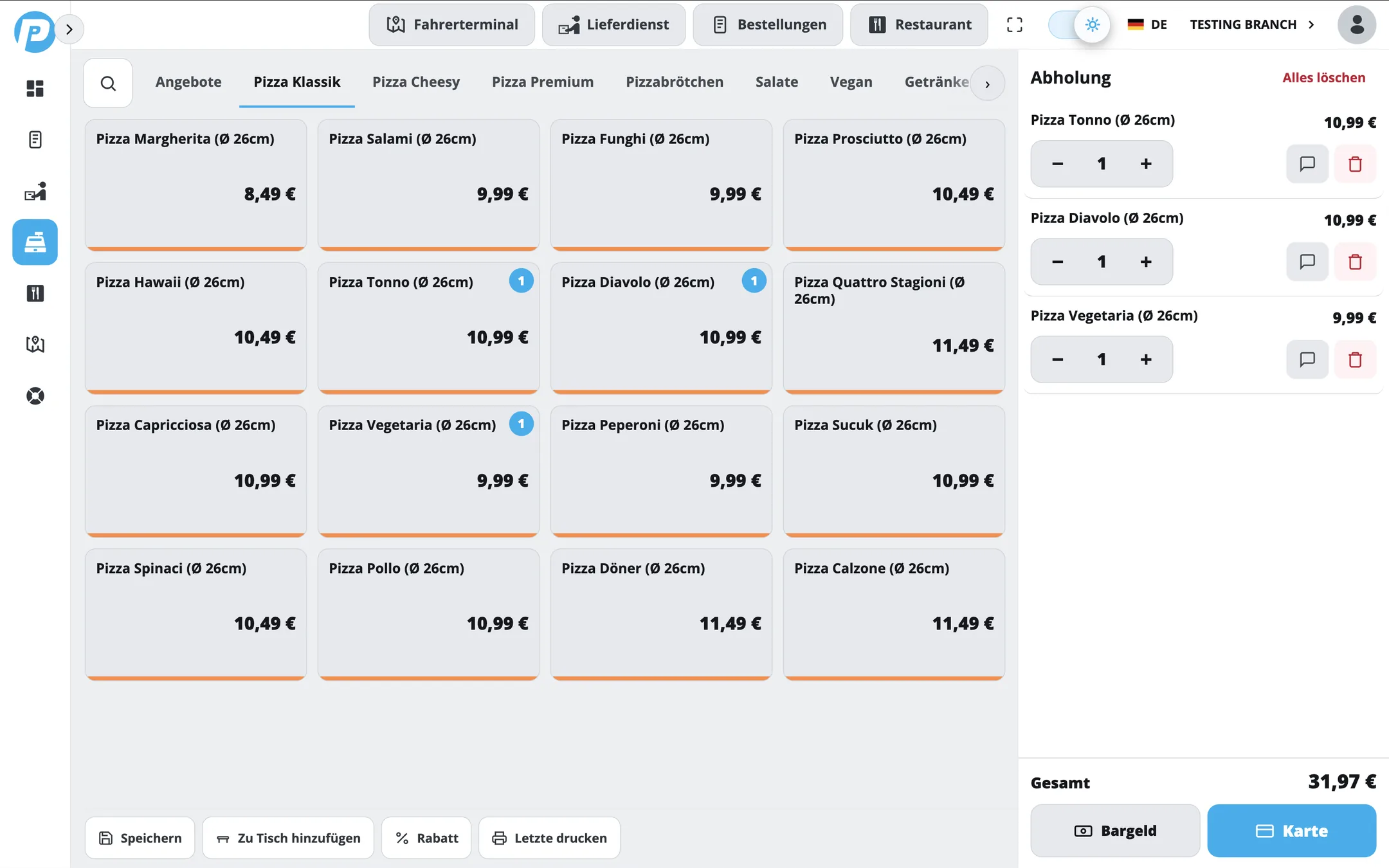 PayPoint order screen with items and options