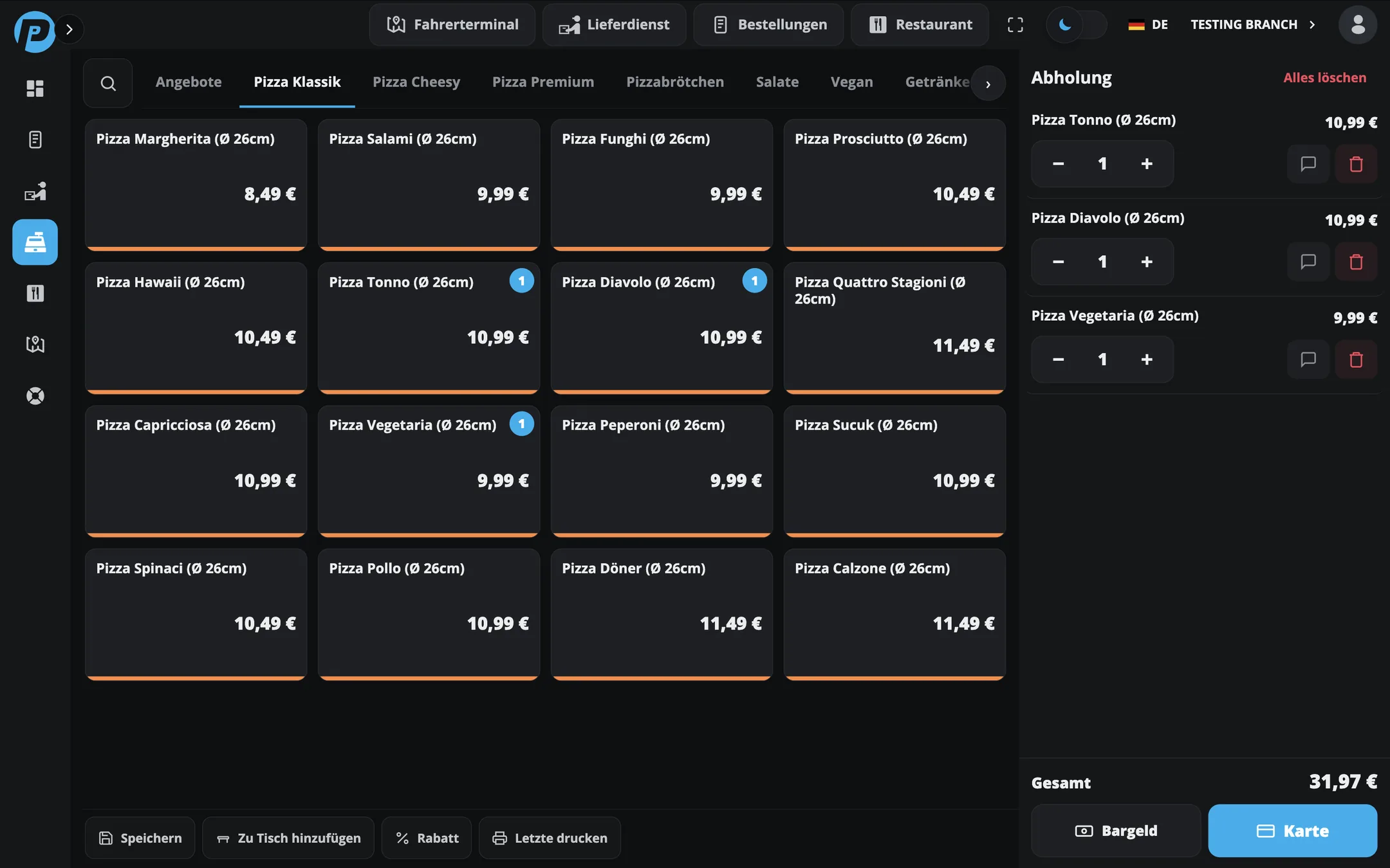 PayPoint POS in dark mode – order screen with a dark interface