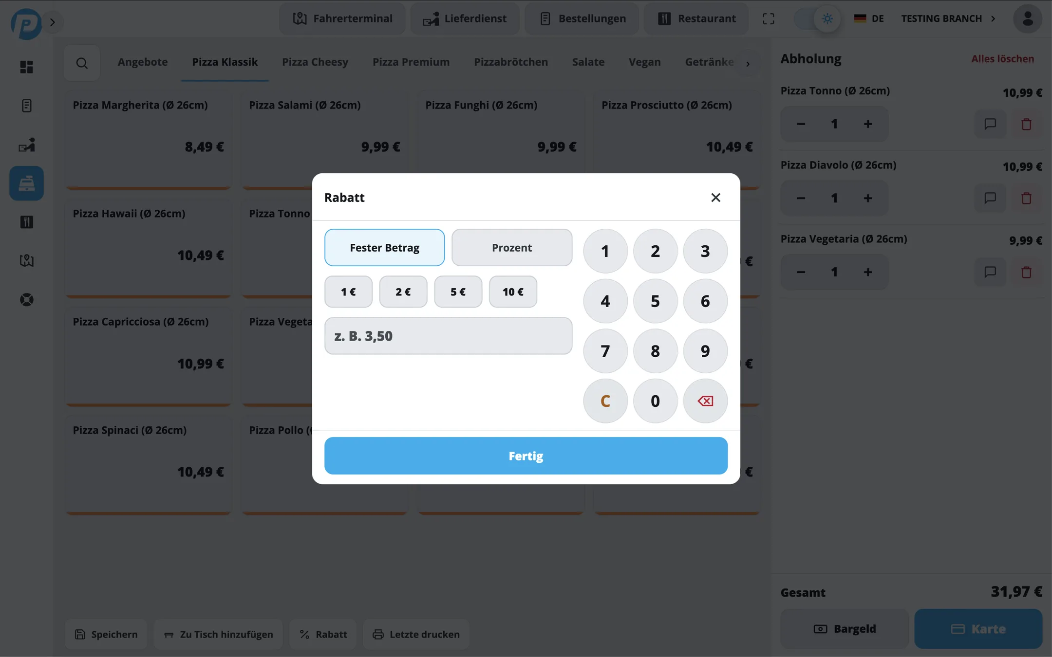 PayPoint discount dialog – fixed amount or percentage with quick keys