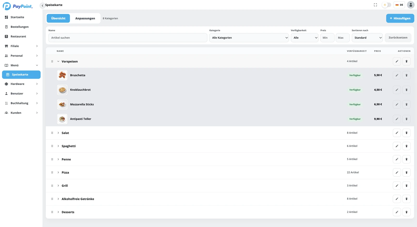 PayPoint menu management with categories, prices and availability