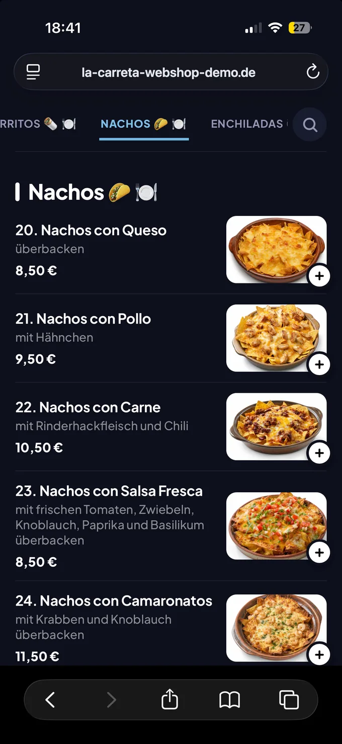 Webshop menu on a phone